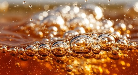 Numerous spherical formations rise through a dense amber liquid illuminated by bright highlights