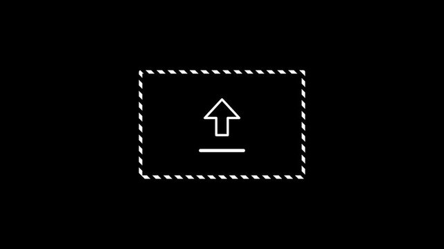 The initial graphic displays a dashed rectangular upload box with an upward arrow inside symbolizing the first step of importing raw digital files into a content management system or platform
