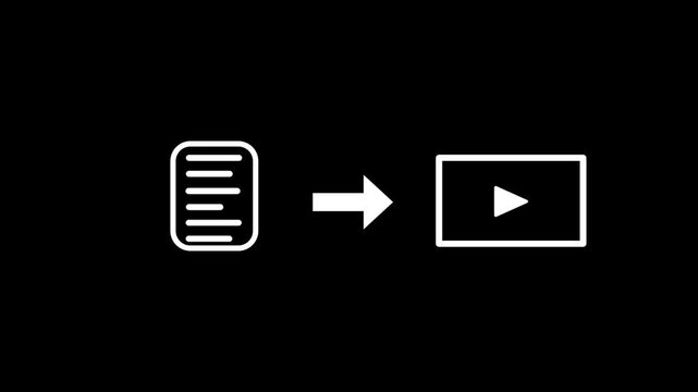 A text document icon points directly to a video play symbol describing the innovative capability of generating a fully realized video production based solely on a written script or text prompt