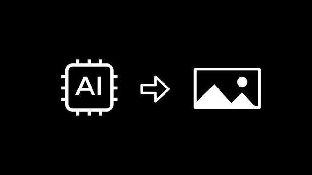 The artificial intelligence chip icon directs toward a landscape photograph symbol showcasing the powerful ability of advanced machine learning models to generate realistic images from thin air
