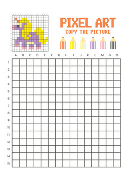 Copy the picture grid drawing worksheet for kids. Pixel art fantasy pony