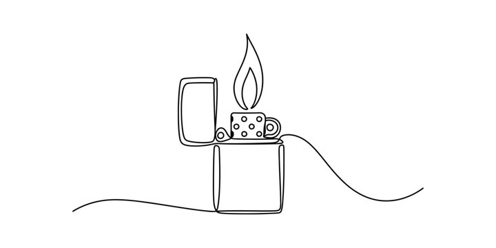 Continuous one line drawing of a metal flip top lighter with a burning flame on white background Vector, illustration