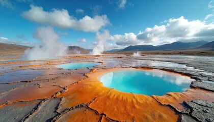 Naklejka premium Boiling mud pots with steaming vents, bright blue pools in geothermal area. Cracked orange, grey earth surrounds hot springs under cloudy blue sky. Volcanic landscape shows natural thermal activity.