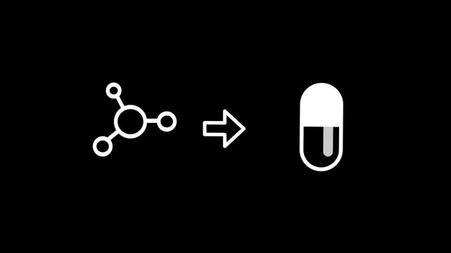 A molecular structure icon points toward a medical capsule symbol illustrating the pharmaceutical process where chemical research leads to the development of life saving drugs and treatments