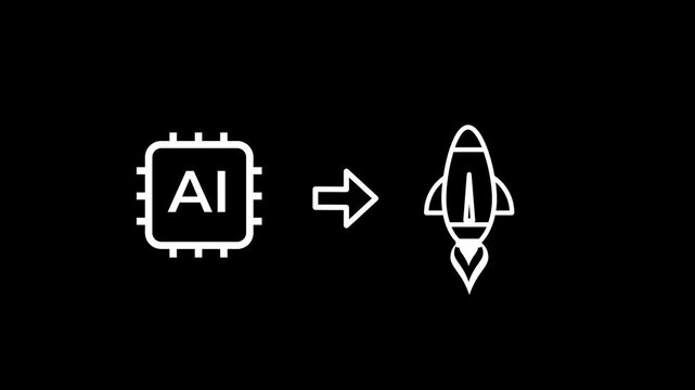 The artificial intelligence icon points toward a rocket ship symbol representing the integration of smart computing systems in aerospace engineering to optimize flight paths and space missions