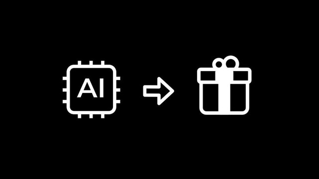 The artificial intelligence icon points toward a gift box symbol illustrating the personalized recommendation of products or the automated generation of surprise rewards for loyal digital users