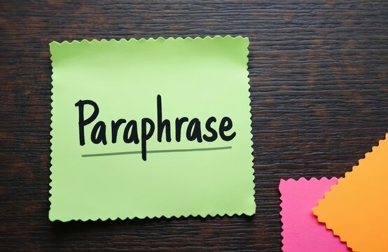 Green sticky note with word paraphrase written in black marker. Other colorful notes lie on wooden desk. Simple reminder concept for learning.