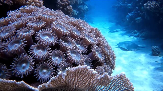 Zoanthid Polyps on Coral Reef as Stingray Swims by in Blue Water
