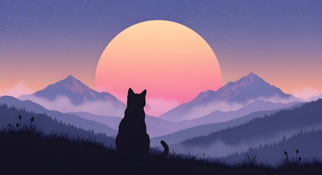 Fondo de galaxia con un fondo de pantalla de alta definici&oacute;n para tel&eacute;fono con silueta de gato atigrado lunar sentado generado por ai.
 Aspiraci&oacute;n de nube.
 Ilustraci&oacute;n