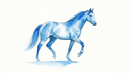 Elegant blue horse gallop, artistic watercolor animal portrait with copy space