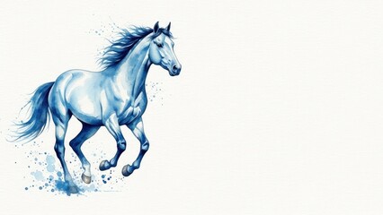 Elegant blue horse galloping, watercolor art, copy space for design
