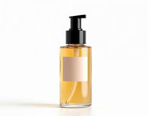 Naklejka premium Glass bottle with pump dispenser contains golden liquid. Clear container for cosmetic or oil has blank label space for branding. Object sits on white surface isolated.