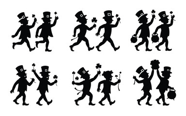 Obraz premium St patrick's day leprechaun silhouette bundle black vector graphics of happy little people wearing top hats carrying pots flowers and shamrocks on white background for lucky