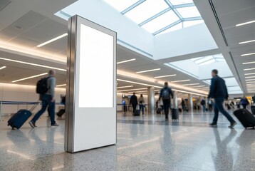 Blank digital billboard in a modern airport terminal with travelers