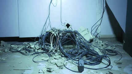 Collapsed communication infrastructure with tangled wires and damaged equipment amidst debris