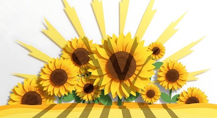 Naklejka premium Bright Yellow Sunflowers with Stylized Rays on a White Background.