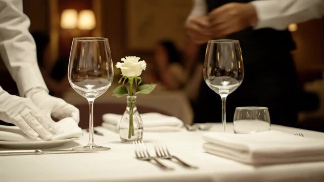 Restaurant Table Reserved with Flower and Waiter Setting Place