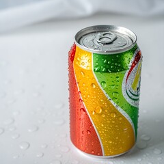 Colorful soda can with water droplets on a white background