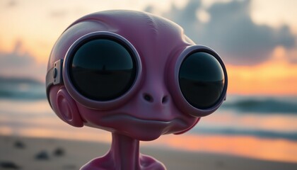 Cute Pink Alien Wearing Goggles on a Sunset Beach
