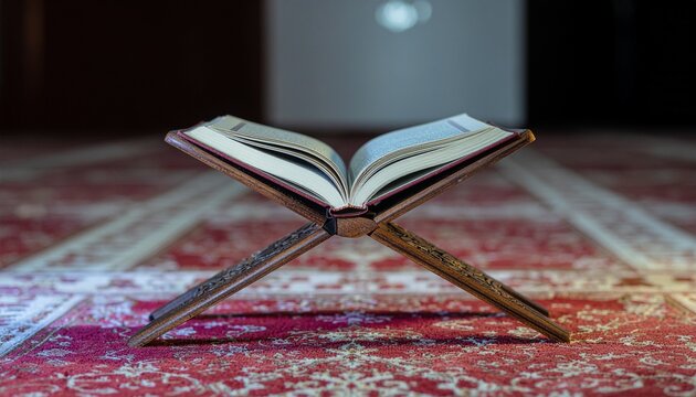 Open Quran on wooden stand with soft neon edge lighting on red patterned carpet