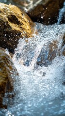 Clear water flowing between rocks on sunny day