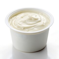 white yogurt in a small white plastic container on white background