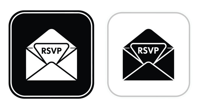 Black and white icons depicting an open envelope showing an rsvp request card inside clearly