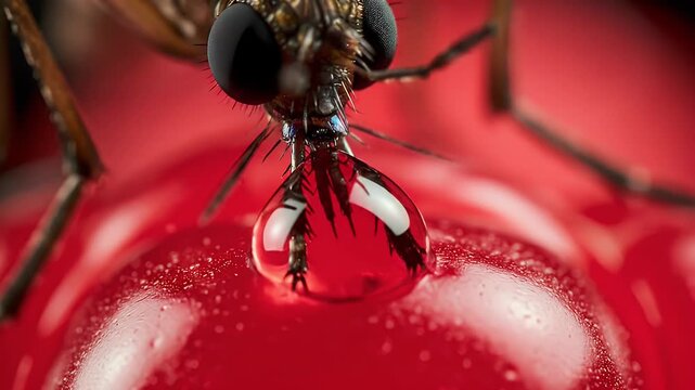 Mosquito Sucking Large Blood Drop in Extreme Macro Closeup