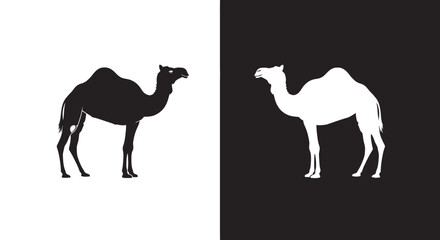 Obraz premium Black and white camel silhouettes facing each other showcasing contrast and clean vector design