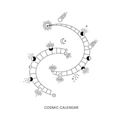 Fototapeta premium Cosmic calendar illustration featuring phases of the moon and celestial events in a spiral design on white background