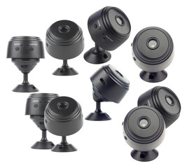 compact mini surveillance cameras with adjustable stands, displayed from multiple angles to highlight their discreet design and surveillance capabilities.