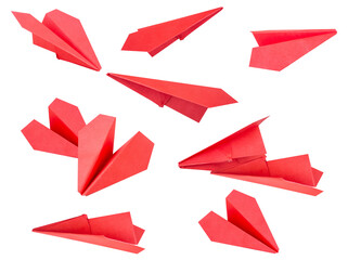 origami red paper airplanes in various flight positions, arranged dynamically to symbolize travel, creativity, and imagination.