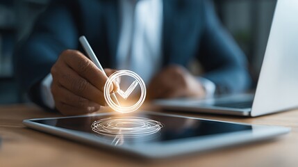 Businessman working on laptop with digital checklist and document approval icons, symbolizing business performance tracking online form completion, survey evaluation, and efficient workflow management