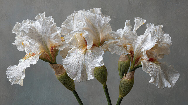 Three delicate white iris flowers in full bloom, showcasing their intricate petals and soft hues. A close-up view capturing the beauty and elegance of these floral gems. 