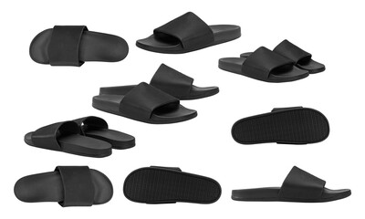 modern black slide sandals photographed from various angles and perspectives, showcasing a minimalist and versatile design ideal for casual wear, beach, pool, or gym.