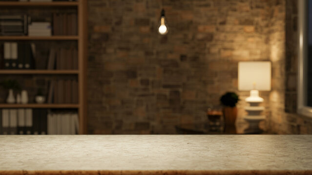Empty blank marble counter table across wooden bookshelf and lamp with lightbulb in bricks wall room