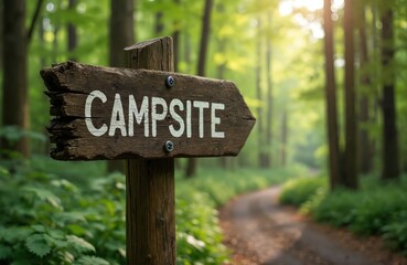 Wooden signpost points toward campsite in sunlit forest path. Rustic arrow guides adventurers through verdant green trees and foliage. Nature travel direction at summer woods.