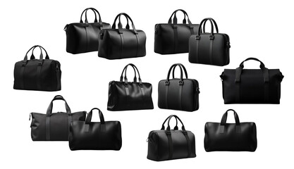 collection of twelve black leather duffel bags and briefcases in various styles and sizes, showcasing sophisticated travel and business accessories.