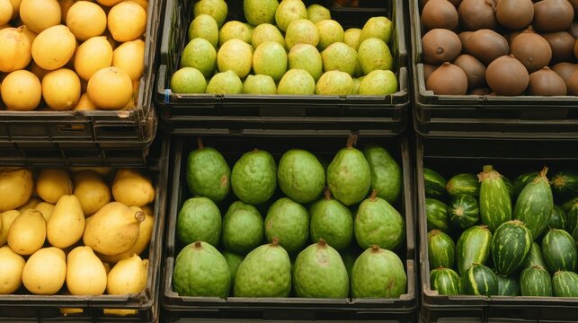 Stacks of fresh ripe guavas and other fruits displayed in market crates