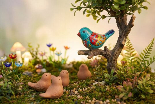 Blue ceramic bird perched on miniature tree branch over brown clay figurines in whimsical mossy garden