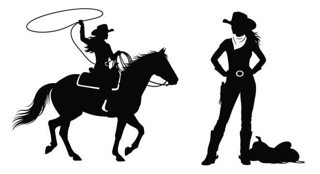 Cowgirl and horse with lasso plus another cowgirl all in silhouette
