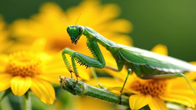 A vibrant green praying mantis perched on a stem amidst bright yellow flowers, focused macro shot