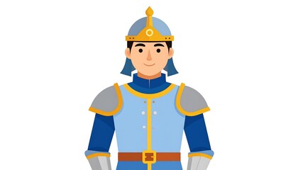 Fototapeta premium A smiling young man in stylized armor and a helmet, presented on a simple white background