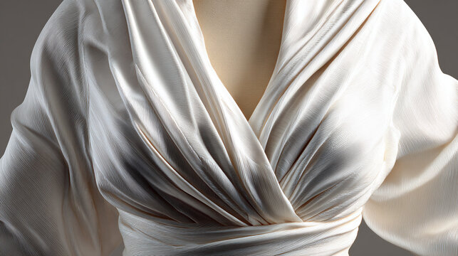 A Close-up view of an elegant draped silk gown, showcasing intricate details and textures