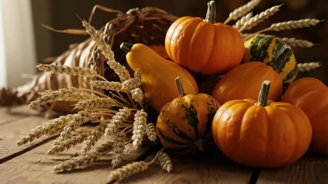 Autumn harvest pumpkins and wheat arranged in a rustic cornucopia with warm seasonal light. Cozy fall footage ideal for harvest, Thanksgiving, seasonal decor, and countryside lifestyle concepts.
