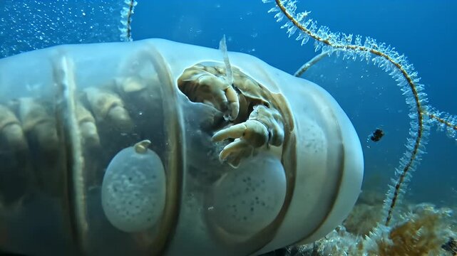 Bizarre Phronima Amphipod inside Transparent Salp Tunic in Deep Sea