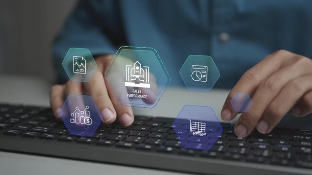 Digital sales performance with pipeline and analytics icons. Business professional monitoring sales data, forecasts and performance in real time.