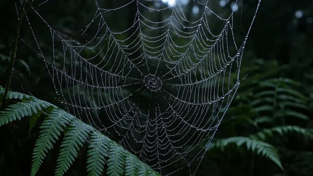Dewcovered cobweb hangs on fern in a dark atmospheric forest