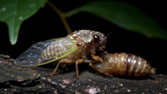 Cicada Metamorphosis Adult Emerging from Nymph Exoskeleton Macro