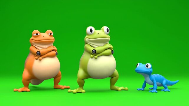Colorful cartoon frogs dancing together fun.